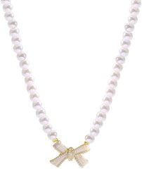 1PC Women's Pearl Bow Necklace for Women, Delicate Beaded Choker with Elegant Bow Pendant, Fashionable Jewelry Accessory for Special Occasions (White)