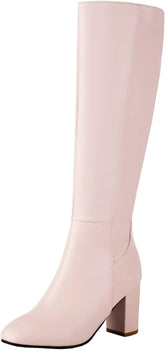 Platform Chunky High Heel Knee High Boots for Women Comfy Side Zipper Waterproof Pull on Long Boots Fashion Comfortable Almond Round Toe Solid Color Shoes Classic Motorcycle Knight Riding Tall Shoes