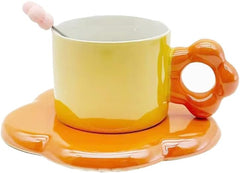 Ceramic Coffee Mug with Saucer Orange 200ml Cute Flower Tea Cup for Women Girlfriend Birthday Valentine's Day (Orange 2)