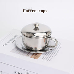 Coffee Cups Set, Stainless Steel Espresso Cup with Saucer and Spoon, Tea Cup and Saucer Set, Coffee Mugs Drinkware for Latte, Cappuccino, Milk, Tea