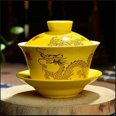 Porcelain Kung Fu Tea Cup and Saucer with Lid, Chinese Traditional Gaiwan Sancai Tea Bowl Tea Set Dragon Pattern (Black)