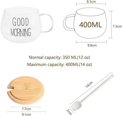 TREEWOO GOOD MORNING Clear Mug For Coffee Dessert Milk Tea Yogurt Round Glass Cup Handgrip Drinkware With Bamboo Lid Tulip Ceramic Spoon