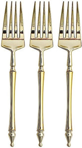 24 Disposable Gold 6 in Dessert Plastic Forks Appertizers Roman Column Handle for Weddings Parties Birthdays Receptions Events Catering Buffet Dinnerware Tableware Decorations