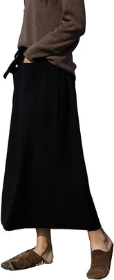 Women's Maxi Wool Skirt with Pockets Elastic High Waist Drawstrings Autumn Winter Pleated Midi Skirt