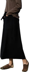 Women's Maxi Wool Skirt with Pockets Elastic High Waist Drawstrings Autumn Winter Pleated Midi Skirt