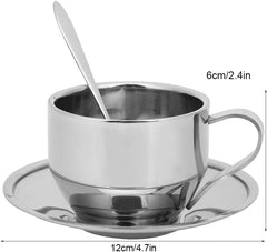 Coffee Cups Set Stainless Steel Double Walled Anti‑scald Coffee Cup Set Stainless Steel Coffee Latte Tea Cup with Saucer and Spoon for Home Dining Bar Office Tea House