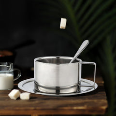 Generic Sleek Stainless Steel Coffee Cup And Saucer Set for Home And Office Use, 200ML Set, Optional