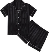 Boy Girl Teen Satin 𝐏ajamas Set Summer Striped Sl𝐞epwear Button-Down Short Sleeve Tops Shorts Silk 𝐏js Loung𝐞wear 2Pcs