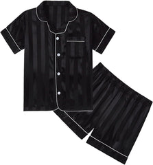 Boy Girl Teen Satin 𝐏ajamas Set Summer Striped Sl𝐞epwear Button-Down Short Sleeve Tops Shorts Silk 𝐏js Loung𝐞wear 2Pcs