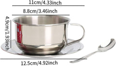 Coffee Cup Set with Saucer Spoon Handle, Stainless Steel Portable Serving Plate, 200ml Milk Cup, Unbreakable Coffee Mug, 3Pcs