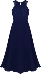 Kids Girls Chiffon Sleeveless Floral Lace Cutout Back Flower Girl Dress Princess Pageant Party Long Dress