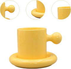 Chubby Mug Saucer Set,Coffee Cup,Novelty Funny 300ml Teacup Ceramic Mug Cup for Women Gift Office Espresso Drinks, yellow