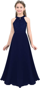 Kids Girls Chiffon Sleeveless Floral Lace Cutout Back Flower Girl Dress Princess Pageant Party Long Dress