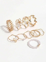 10pcs Hollow Flower Leaf Faux Pearl Rings Set for Women