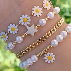 4pcs Mixed Daisy Pendant Beaded Bracelet Sets-Stackable Jewelry Bracelet for Women
