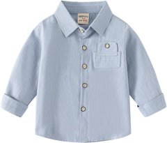 Boys Girls Button Down Shirt Long Sleeve Lapel Collar | Toddler Casual Woven Top with Pocket | Solid Color Kid Shirts