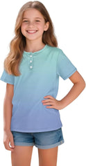 Girls Short Sleeve T-Shirt with Button Summer Breathable Waffle Casual Loose Fit Basic Tees for 2-16 Years