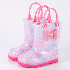 Rain Boots, Toddler Bowknot Fun Patterns Short Rain Boots, Kids Girls Boys Easy-On Handles Waterproof Rubber Shoes