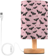 Pink Bat Silhouettes Bedside Table Lamp Small Desk Lamps Linen Fabric Shade Decorative Nightstand Lamp LED with USB Port Wood Base for Bedroom Living Room