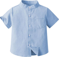 Boys Linen Shirt Button Down Henley Short Sleeve Casual Dress Summer Beach T Shirts Top with One Pocket