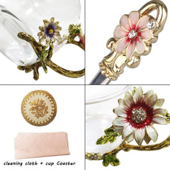 Enamel Sunflower Crystal Lead-Free Glass Tea Cup with Spoon Set, Present for The Christmas, Valentine's Day.Best Present for Mother, Grandma, Girlfriend, Sister.