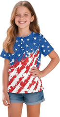 American Flag Girls Shirt 4th July Outfit Girl Casual Independence Day Patriotic Tops 2-12Y
