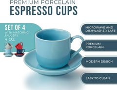 Espresso Cups Set of 4 with Matching Saucers – 4 oz White Porcelain Demitasse Cups for Italian, Turkish, or Lungo Coffee – 8-Piece Set