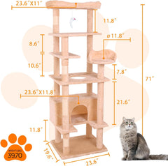 4-Level Cat Condo Tree, Extra Large 63" Cat Tower with Hammock & Scratching Posts, Stable Pet Furniture for Multi-Cat Furniture (Cream White, 63.00'')