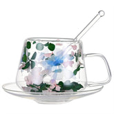 belupai Double Walled Glass Coffee Mugs, 250 ml Dried Flowers Glass Teacup with Saucer Set, Double Layer Insulated Coffee Mug with Handle and Spoon Demitasse for Home Office