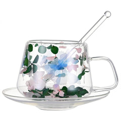 belupai Double Walled Glass Coffee Mugs, 250 ml Dried Flowers Glass Teacup with Saucer Set, Double Layer Insulated Coffee Mug with Handle and Spoon Demitasse for Home Office