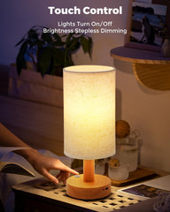 Cordless Table Lamp, 2200mAh Battery Operated Desk Lamp, Touch Bedside Lamps for Night Stands, Warm Light Mini Boho Lamp, Wood Base Round Flaxen Fabric Shade for Living Room,LED Bulb Included (Beige)