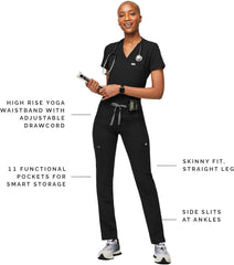 FIGS YOLA High Waisted Skinny Scrub Pants for Women — 11 Pockets, 4-Way Stretch, Yoga Waistband