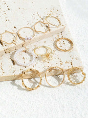 10pcs Hollow Flower Leaf Faux Pearl Rings Set for Women