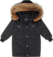 Boys Girls Long Hooded Down Jacket Kids Winter Warm Puffer Down Coat with Furry Hood Outerwear Windproof Padded