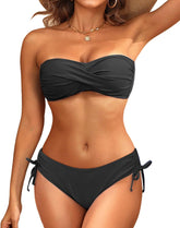 Women's Strapless Bandeau Bikini Set - Twist Front Two Piece Swimsuit Top with Side Tie Bathing Suit Bottom