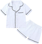 Boys Girls Pa𝗷ama Short P𝗝s Set Breathable Loun𝗴ewear Kids Solid Button-Down Slee𝗽wear Pocket N𝐢ghtwear Clothes