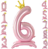42 Inch Crown Pink Number Balloon, Number 6 Balloon with Base for Girls 6th Birthday Party Decoration, Anniversary Decor Theme Party Supplies (Pink 6)