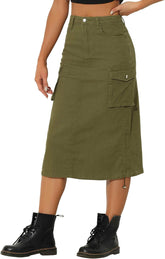 Allegra K Cargo Skirt for Women Y2K Adjustable Back Slit High Waist Casual A-Line Midi Jean Skirt