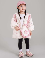 Girls Down Coat Floral Hooded Padded Jacket Kids Outdoor Heavyweight Warm Outerwear