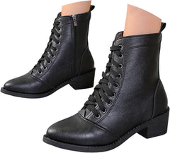 Women's Ankle Boots Lace up Fashion Combat Booties Fall Winter Low Chunky Heel Side Zipper Platform Lug Sole Motorcycle Boots Outdoor Non-Slip Pointed Toe Leather Booties for Women