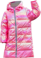 Boy's Girls Shiny Windproof Down Jacket Kids Long Sleeve Thicken Warm Fleece Hooded Jackets Outerwear Winter
