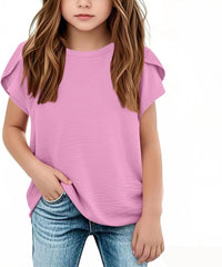Girls Short Sleeve T Shirts Branch Cuff Solid Color Tops Kids Summer Tops Crewneck Tees Loose Sweatshirt