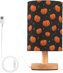 Glow Pumpkins Stars Bedside Table Lamp Small Desk Lamps Linen Fabric Shade Decorative Nightstand Lamp LED with USB Port Wood Base for Bedroom Living Room
