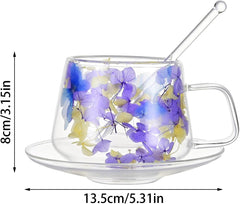 250 ml Glass Coffee Cup with Saucers and Spoons Double Wall Insulated Glass Coffee Mug Flower Tea Cups with Handle for Cappuccino Latte Tea Hot Beverages (Yellow purple)