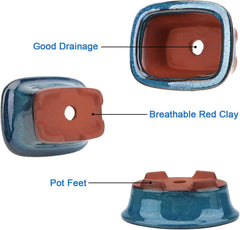 Bonsai Planter Succulent Small Glazed Pots, Value Set of 2 + 4 Soft Mesh Drainage Screens