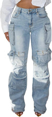 LKOUS Women's Y2K Baggy Straight Wide Leg Cargo Jeans, Streetwear High Waisted Denim Pant