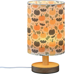 Cartoon Bats Pumpkin Bedside Table Lamp Small Desk Lamps Linen Fabric Shade Decorative Nightstand Lamp LED with USB Port Wood Base for Bedroom Living Room