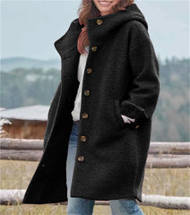 chouyatou Women's Winter Single Breasted Long Wool Coat with Hood Casual Wool Blend Trench Coat Jacket