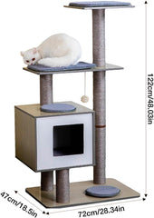 Cat Tree 29" Wooden Cat Tower with Condos,Spacious Perches,5 Fully Enclosed Sisal Scratching Posts and Dangling Pom Poms,5 Tier Modern Cat Tower with Activity Pads for Indoor and Outdoor Use,Gray
