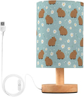 Cartoon Daisies Capybara Bedside Table Lamp Small Desk Lamps Linen Fabric Shade Decorative Nightstand Lamp LED with USB Port Wood Base for Bedroom Living Room